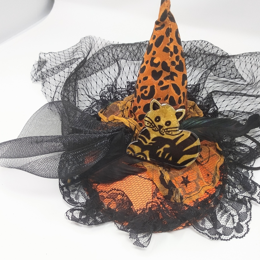 Womens Halloween Witch Fascinator  Hat w/ Removable Cat Pin